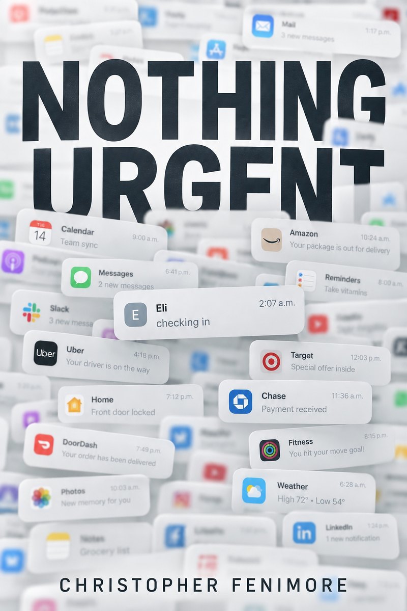 Nothing Urgent cover: a pile of phone notifications, one reading Eli, checking in, 2:07 a.m.