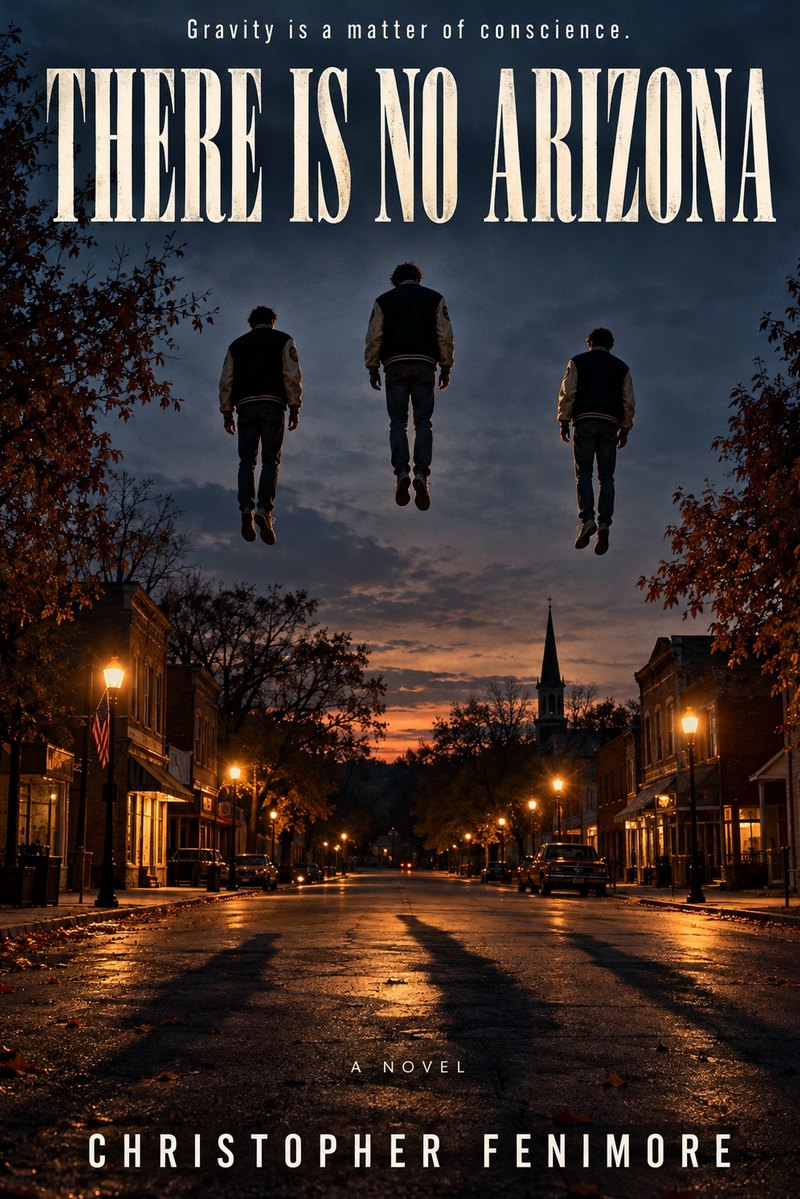 There Is No Arizona cover: three young men in letter jackets floating above a small-town main street at dusk